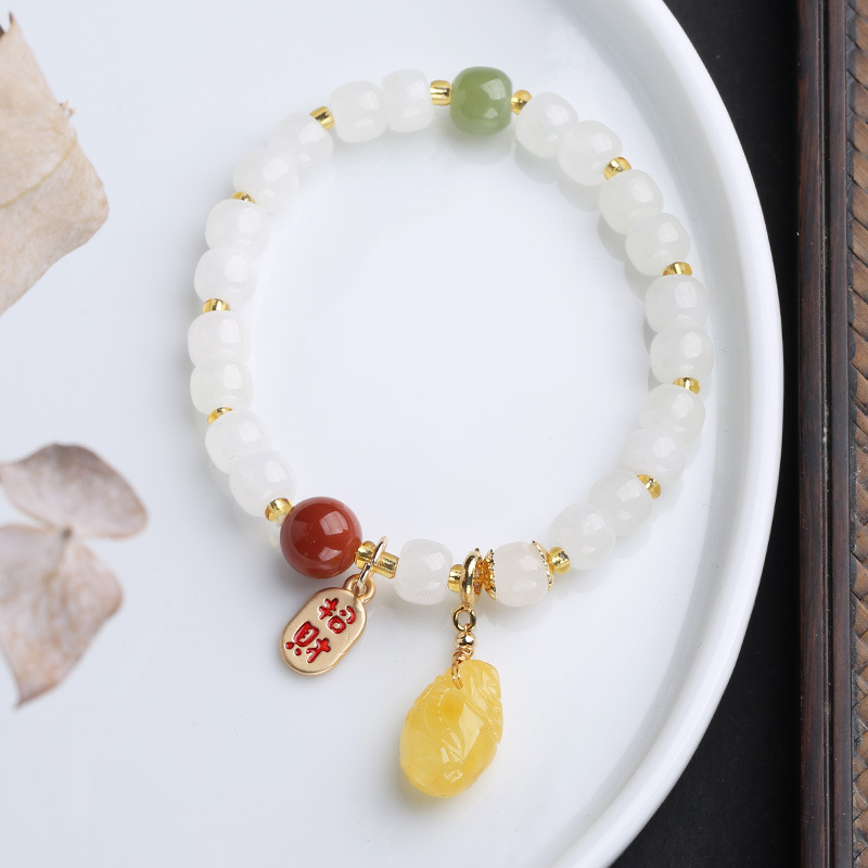 Natural Hetian Jade Barrel Bead Hanging Beeswax Money Bag Fortune Nafu Bracelet Retro Ethnic Style Single Ring Bracelet Wholesale