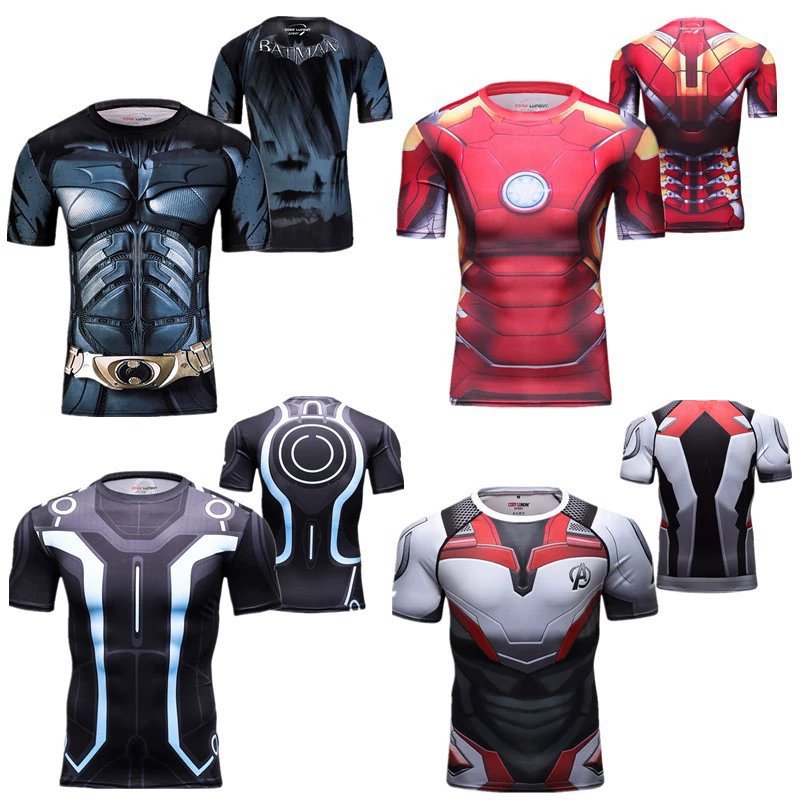 Трансграничный фильм cos мужской спортивный быстросохнущий колготки 3D с принтом с короткими рукавами Мстители тренировочный костюм для бега