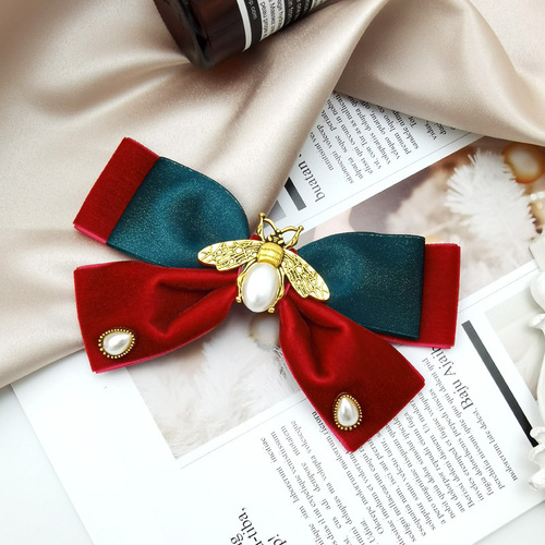 Retro bow hair clip imitation pearl bee velvet hair accessory temperament top clip disk hair spring clip French hair pin for women