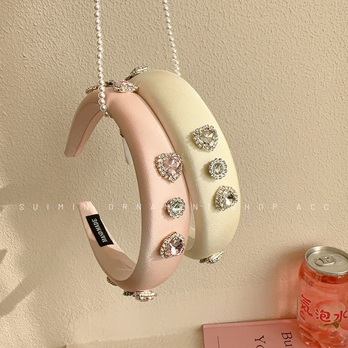 Pink girl~Love rhinestone satin headband, high-end ins wide-brimmed, high-ceiling, versatile and sweet headband hairpin