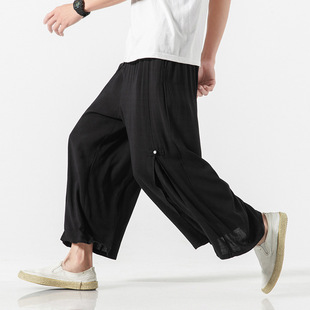 Chinese style hanfu pants summer new men's cotton linen retro loose Zen tea suit plus size linen straight wide leg pants