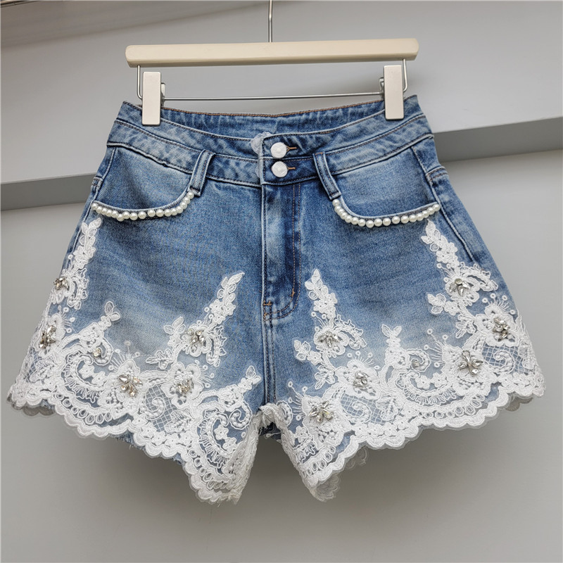 Sweet and Spicy Heavy-Duty Lace-Trimmed Denim Shorts for Women, High-Waisted with Rhinestones + Pearl Embellishments, Vintage Washed Hot Pants Sweet and Spicy Heavy-Duty Lace-Trimmed Denim Shorts for Women, High-Waisted with Rhinestones + Pearl Embellishments, Vintage Washed Hot Pants