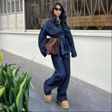 欧美风亚马逊速卖通爆款时尚潮流百搭潮人腰带翻领牛仔外套套装