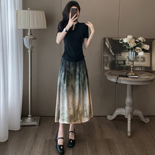 新中式国风休闲套装裙女夏2024新款气质显瘦水墨马面半身裙两件套