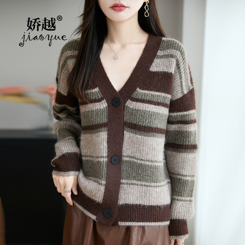 2025 New Cross-Border Women's Knitted Cardigan Striped Color-Blocking French Sweater Lazy Drop Shoulder Sleeve Fashion Jacket