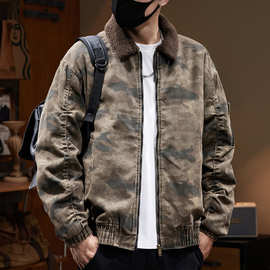 2024冬季重磅加绒迷彩夹克男美式复古宽松户外加厚羊羔绒棉衣外套