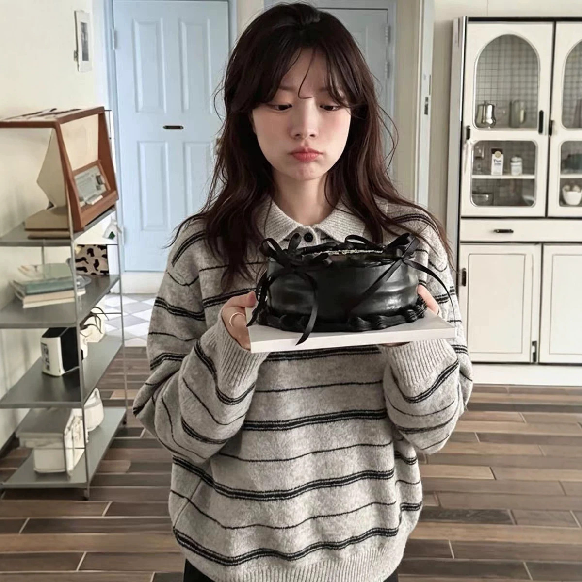 빈티지 폴로 넥 스트라이프 니트 스웨터 여자 가을 겨울 낙견 헐렁헐렁 박