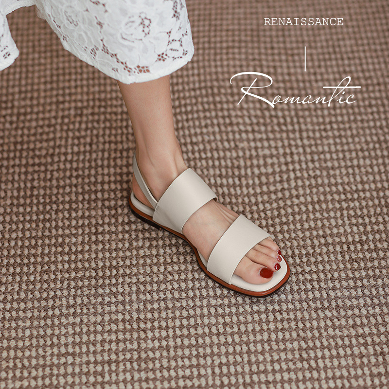 Sandal nữ quai ngang đế bệt phong cách La Mã hở ngón mùa hè — Màu be chi tiết 2