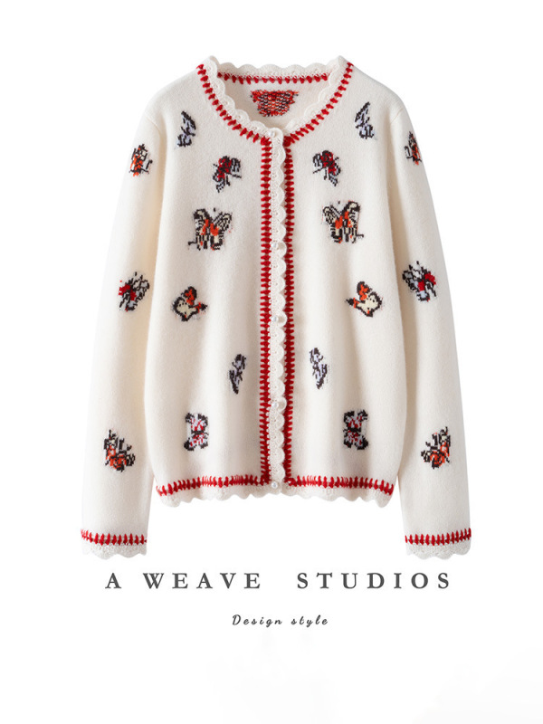 Loose-Fitting White Butterfly Cashmere Cardigan for Women with Intarsia, Featuring a Lazy Style and Round Neck, Recommended for Handcrafting
