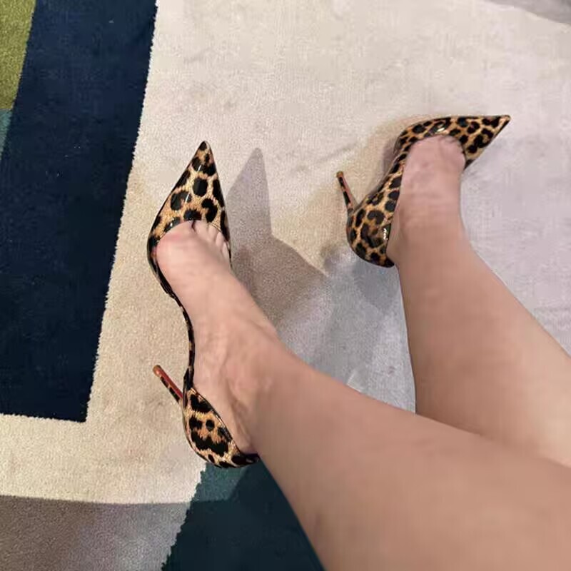 In-Stock Leopard Print Red-Soled Side-Cut High Heels for Women 2025 New Pointed Toe Stiletto Versatile Full-Cover Shoes Banquet Shoes