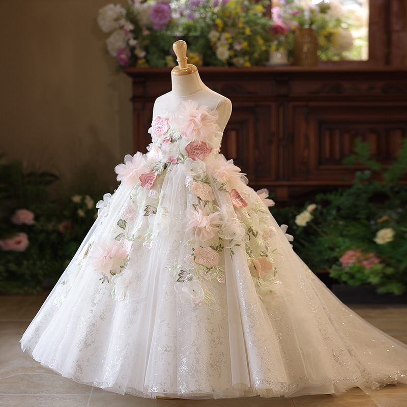 Ropa de niños anfitriona de chicas flores vestido de princesa pequeña niña fiesta de cumpleaños vestido de noche lujoso vestido de piano