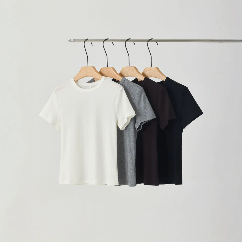 Six-Line Pattern Round Neck Regular Shoulder T-Shirt for Women, 2026 Summer New Style, Tencel Wool, Slimming Short-Sleeve Versatile Casual Top Six-Line Pattern Round Neck Regular Shoulder T-Shirt for Women, 2026 Summer New Style, Tencel Wool, Slimming Short-Sleeve Versatile Casual Top