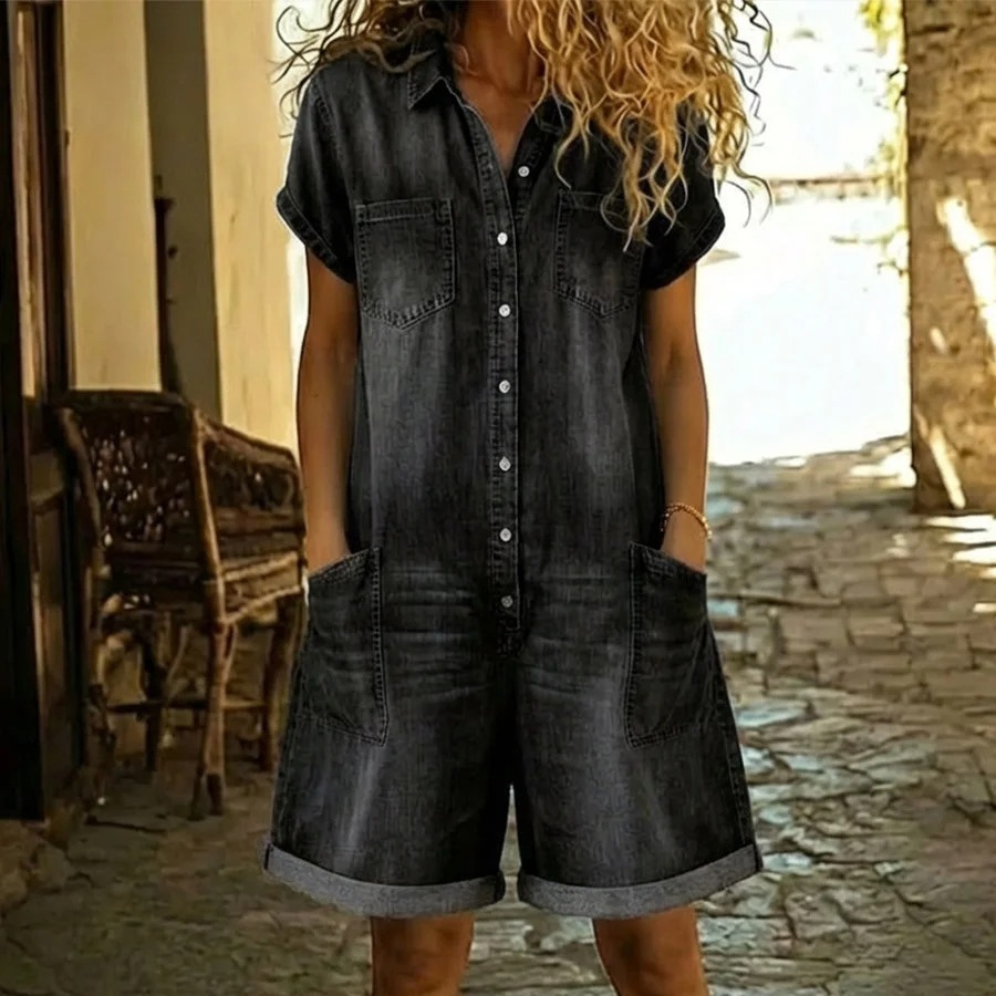 2026 Spring Short-Sleeve Multi-Pocket Shirt, Washed Denim Jumpsuit, Shorts - Cross-Border Women's Clothing