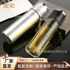 一键开盖车载玻璃杯单手按压开启双层玻璃水杯子速开杯男士泡茶杯