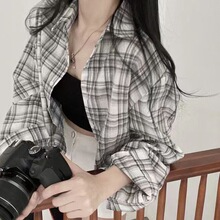 跨境秋季新款韩国chic复古格子翻领短款衬衫休闲女式防晒衣上衣