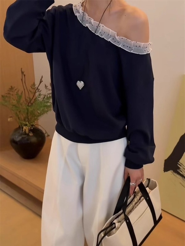 拼接波点荷叶边斜肩长袖T恤女2025早秋新款洋气宽松时尚百搭上衣|undefined