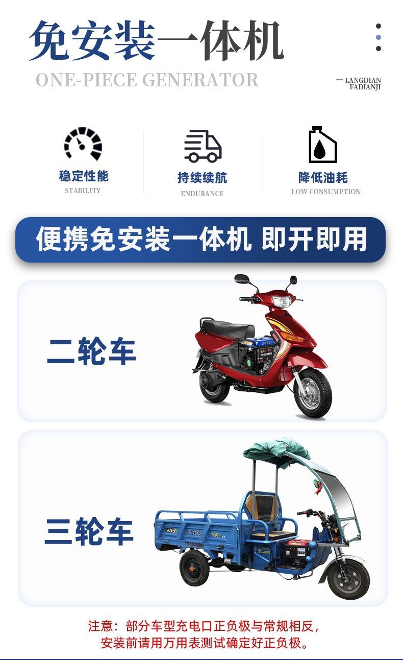 Portable 72v electric two-wheeled and two- or three-wheeled vehicle range extender generator, no installation required, 48/60 small-sized rechargeable battery