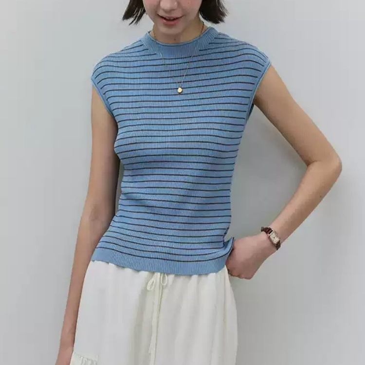 "Mustard Pie Voe" Blue Striped Round-Neck Rolled-Edge Knit Sweater for Women, Summer 2026 New Slim-Fit Top "Mustard Pie Voe" Blue Striped Round-Neck Rolled-Edge Knit Sweater for Women, Summer 2026 New Slim-Fit Top