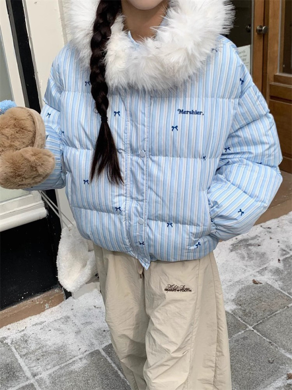 外贸美式设计感条纹蝴蝶结毛领连帽棉服外套加厚保暖小个子棉衣女|undefined