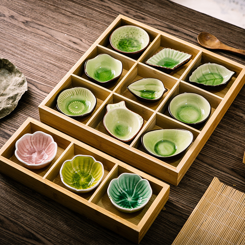 Vintage Kiln Glaze Bamboo and Wood Jiugongge Dessert Dish Hot Pot Platter Dishes Dishes Dishes Dishes with Dishes Ceramic Flavor Dish