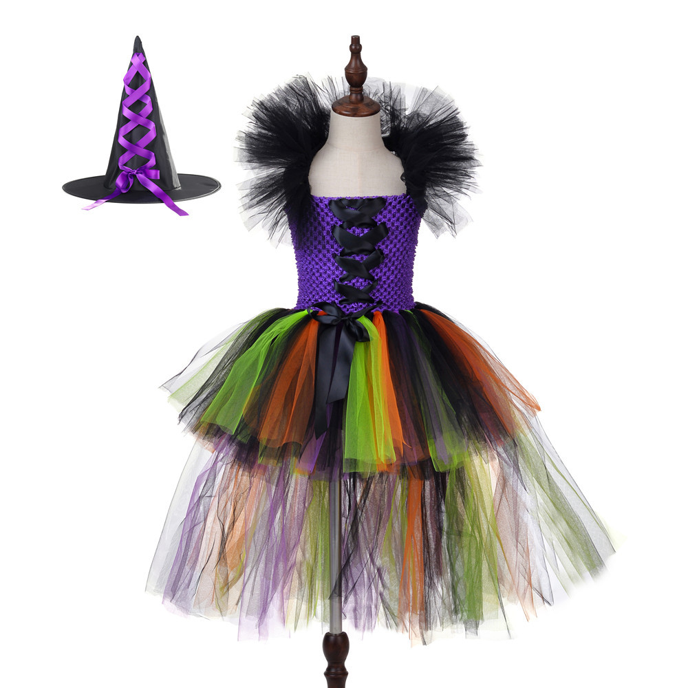 女童礼服 万圣亲子装中大童女巫裙混彩网纱装扮儿童吸血鬼巫师裙