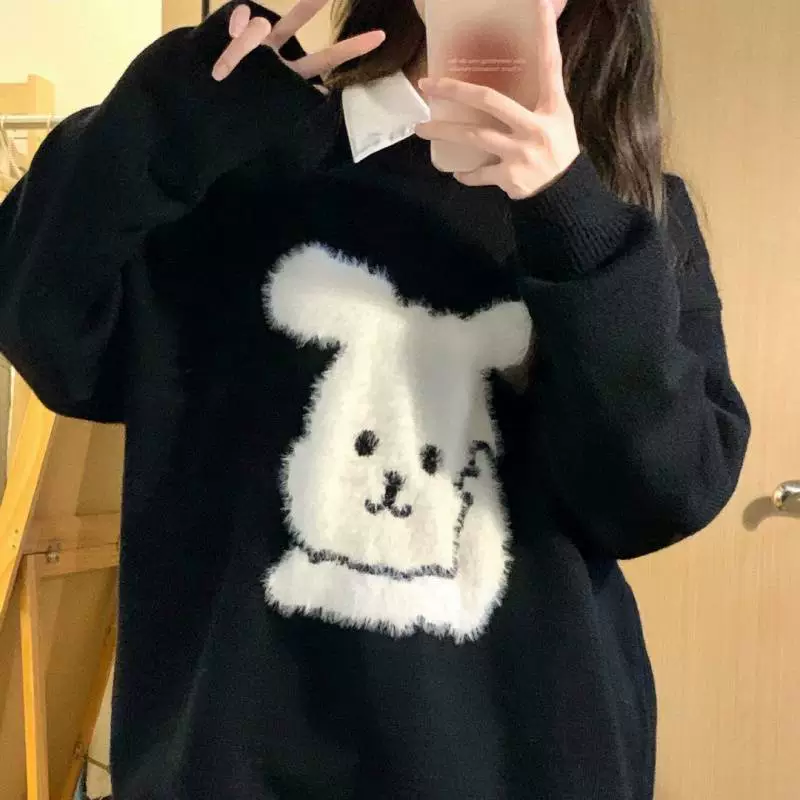 Ленивый мультфильм плюшевый кролик толстый 2024 осенний и зимний пуловер с круглым вырезом новый свитер свободная пара