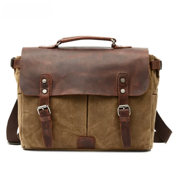 Retro Waxed Canvas with Crazy Horse Leather Briefcase, European and American Foreign Men's Bag, Retro One-Shoulder Cross-Body Handbag