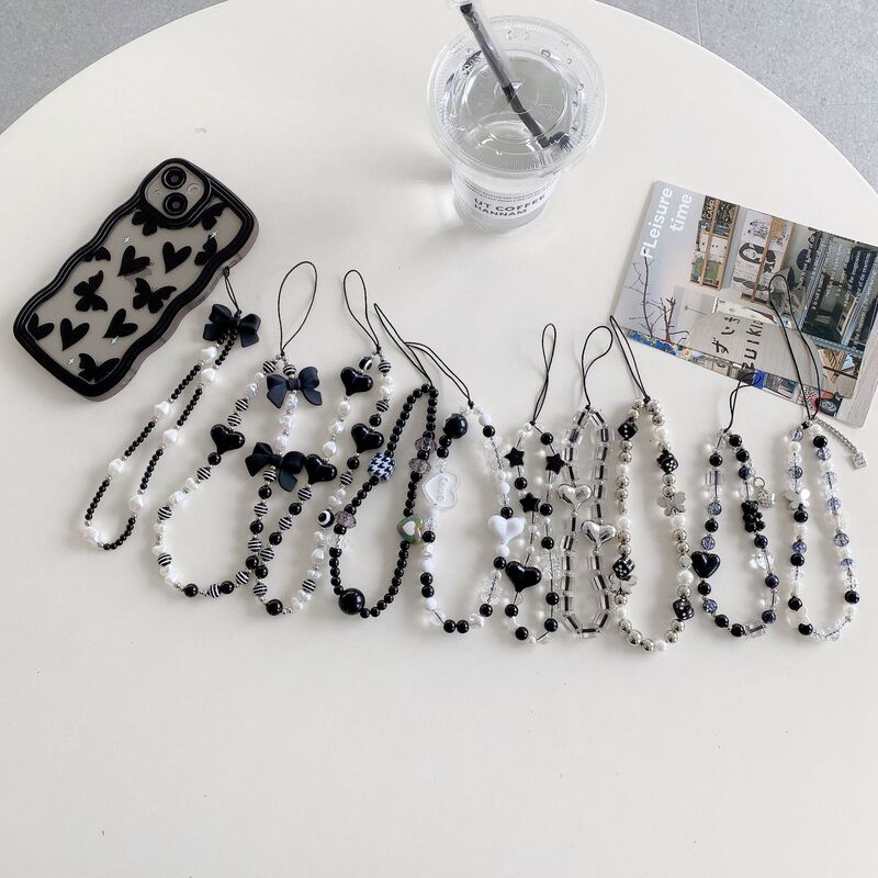 Mobile Phone Chain White Pearl Bow Ins Simple Style Square Pendant Heart Stripesd Bead Accessories Mobile Phone Lanyard