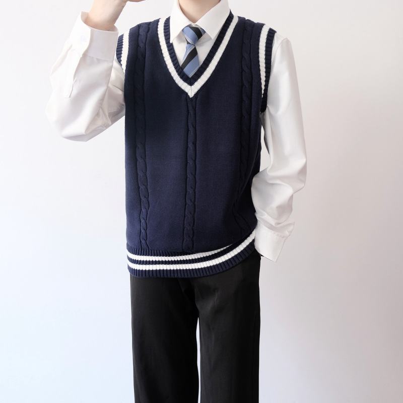 オリジナル JK/DK 制服カレッジスタイル V ネックストライプツイストニットベスト学生ベストセーター男性と女性のため|undefined