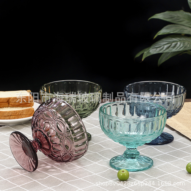 창조적 인 복고풍 유럽 스타일의 아이스크림 유리 화려한 양각 디저트 컵 샐러드 그릇