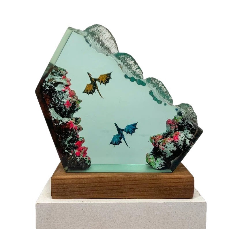 Amor transfronterizo resina epoxi artesanía de madera dragón de fuego y dragón de hielo lámpara de resina para regalos de vacaciones para la familia