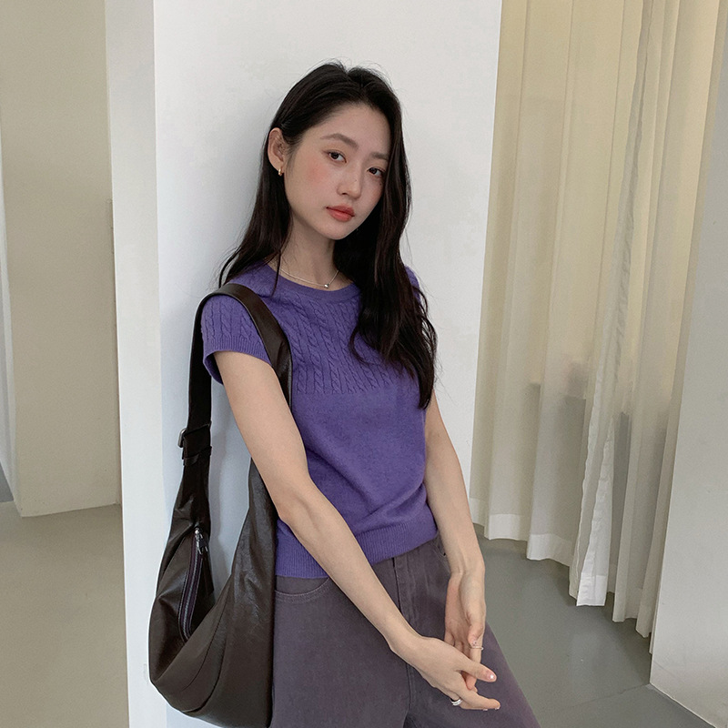 【特价 不退不换】苏奈 圆领羊毛纯色小飞袖针织衫气质修身上衣