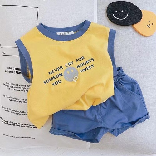 Pure Cotton INS Korean Style Children's Smiling Sleeveless Tank Top and Shorts Set for Boys Fashion Thin Summer Two-Piece Set