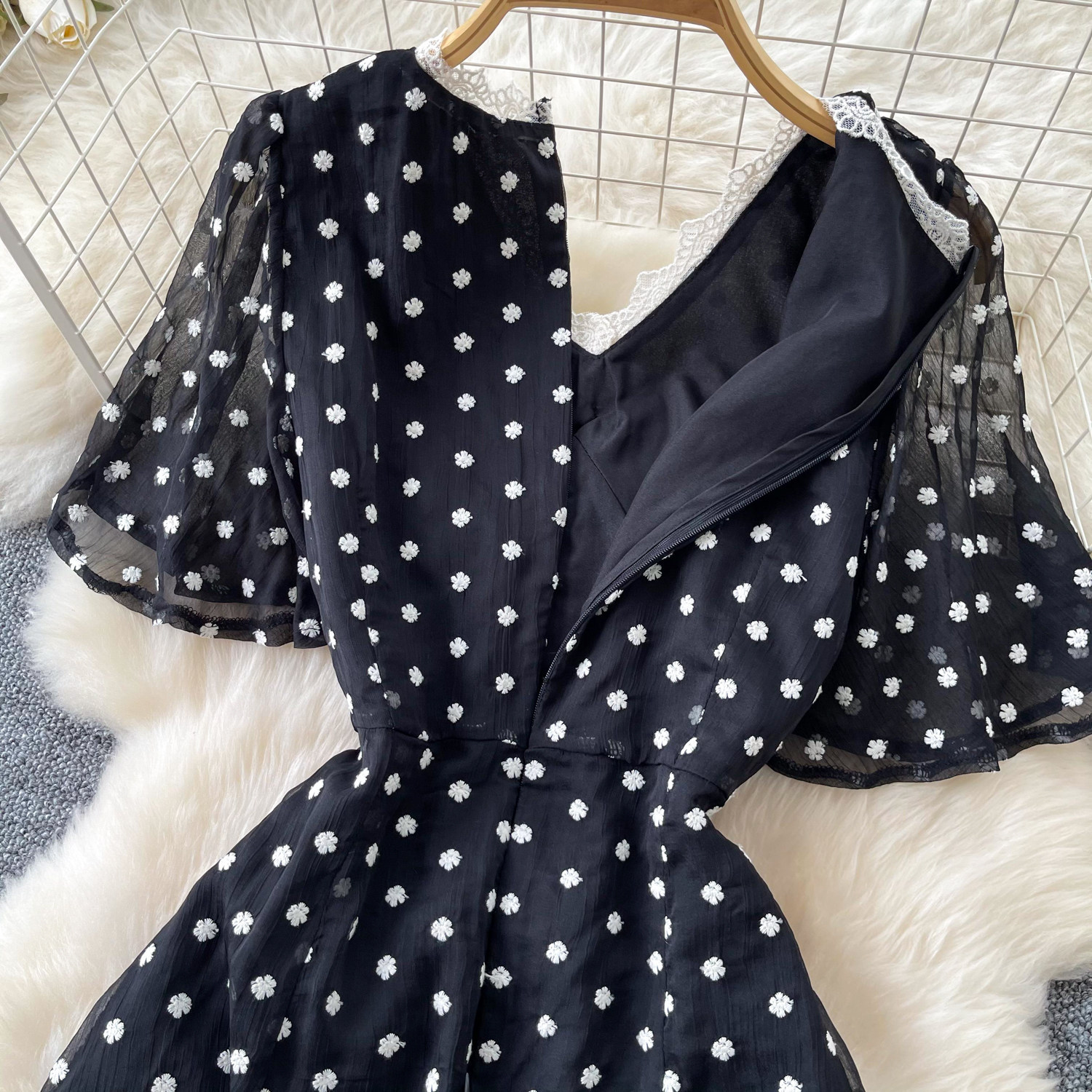 Black Polka Dot Mesh Dress For Women V Neck Short Sleeve High Waist Slimming A Line Long Skirt Ladylike Summer Style_ecoleips.com