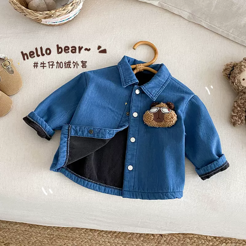 儿童小熊玩偶牛仔加绒外套2025新款冬季男女童韩版加绒保暖外套潮