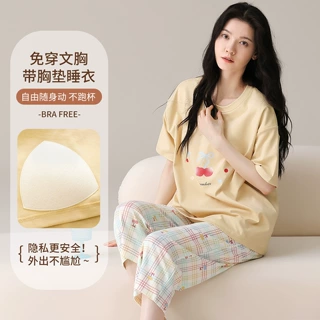 睡衣纯棉女夏季新款带胸垫爽棉拉架短袖七分裤甜美卡通少女家批发