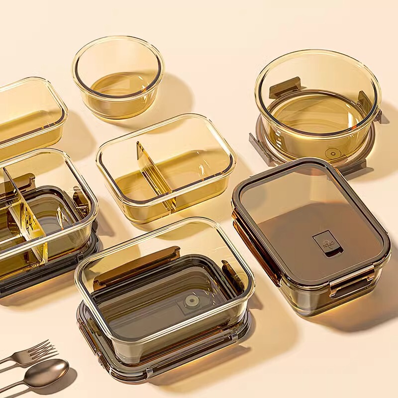 High Borosilicate Glass Lunch Box Microwave Heating for Students and Office Students with Lid Meal Lunch Box Fresh-keeping Box Partition Bento Bowl