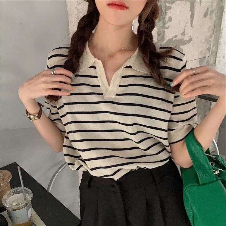 2021ins style Korean generation striped thin ice silk knitted short-sleeved lapel top