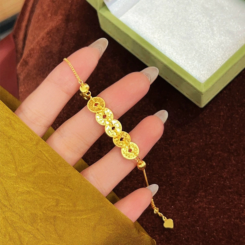 Lucking Gold Coin Crushed Ice Sterling Silver Bracelet Niche Cat's Eye Transfer Beads Five Emperors Coin Foot Silver Bracelet Valentine's Day Gift