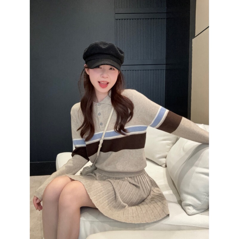 学院风polo领撞色长袖针织毛衣A字半身裙女2025秋季新款时尚套装|undefined