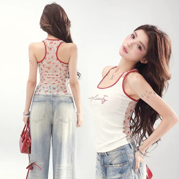 Pure Cotton Heavy Mesh Splicing Print 202W Summer New Sleeveless Tank Top Slim Fit Design for Women