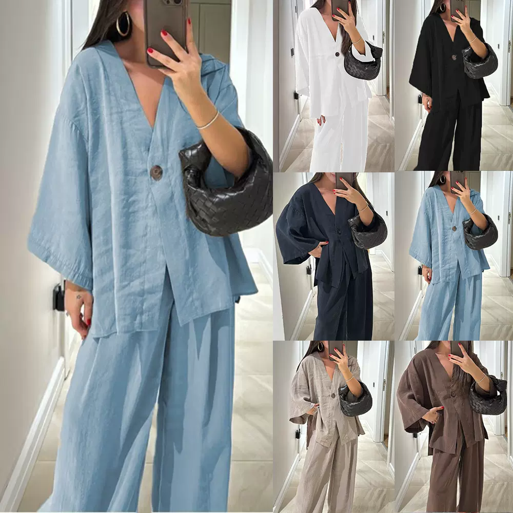 亚马逊跨境欧美外贸2025新款质感套装纯色休闲时尚开衫上衣长裤女