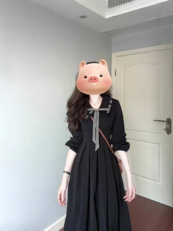 法式连衣裙女2025秋冬新款黑色娃娃领蝴蝶结绑带气质长裙|undefined