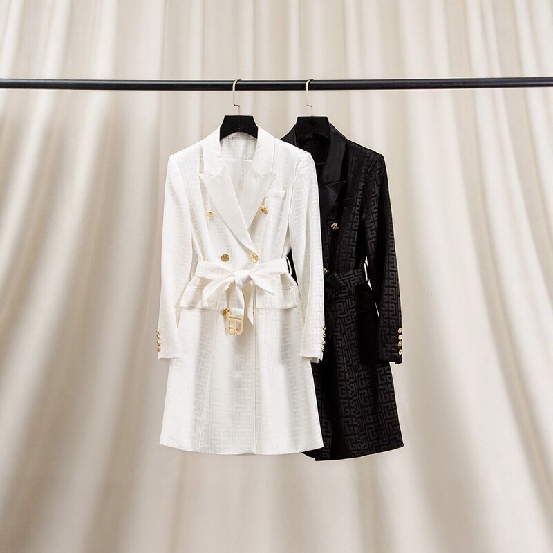 White double-breasted belted dress for women, new spring style, high-end suit dress, elegant and slimming long-sleeved dress White double-breasted belted dress for women, new spring style, high-end suit dress, elegant and slimming long-sleeved dress