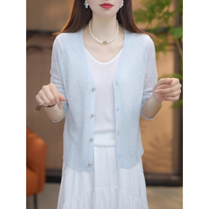 Cross-Border Foreign Trade Exclusively for Oem Source Factories/Blue V-Neck Ice Silk Sun Protection Knit Cardigan for Women, Thin Summer Air Conditioning Cover Cross-Border Foreign Trade Exclusively for Oem Source Factories/Blue V-Neck Ice Silk Sun Protection Knit Cardigan for Women, Thin Summer Air Conditioning Cover