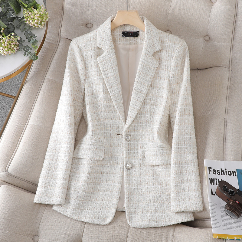 Chaqueta de Traje a Cuadros de Tweed para Mujer Lana Sin Planchado para Otoño e Invierno