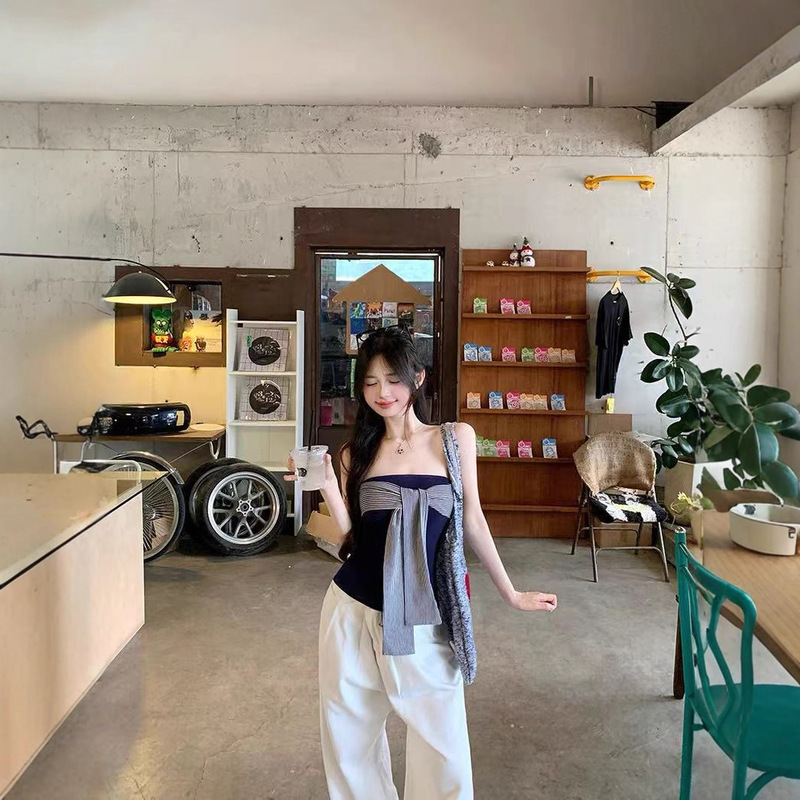 Summer New Retro Backless Striped Tie-Up Design Tube Top Slim Fit Sexy Hot Girl Top for Women Summer New Retro Backless Striped Tie-Up Design Tube Top Slim Fit Sexy Hot Girl Top for Women