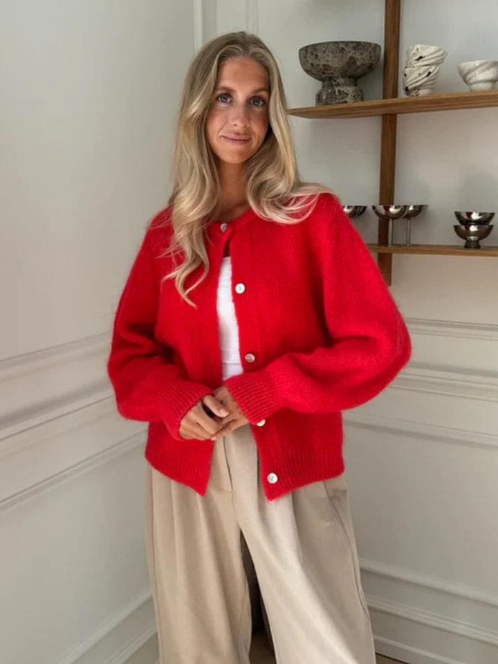 Áo cardigan len dệt kim dáng mỏng nhẹ cài nút một hàng, tay dài cổ tròn nữ — hoa hồng đỏ, màu be, màu cam, màu hoa cà chi tiết 40