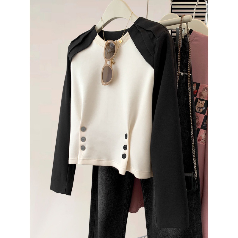 Autumn New European Goods Design Sense Niche Suit Stitching Long Sleeve Round Neck Stylike Meat Covering Short Top Women's Sweater