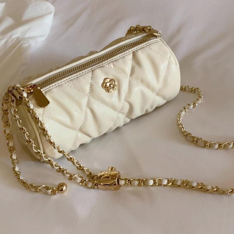 Diamond Pattern White Cylinder Bag Pen Holder Bag Internet Celebrity Versatile Camellia Chain Crossbody Bag Shoulder Bag Ready for Sale Diamond Pattern White Cylinder Bag Pen Holder Bag Internet Celebrity Versatile Camellia Chain Crossbody Bag Shoulder Bag Ready for Sale